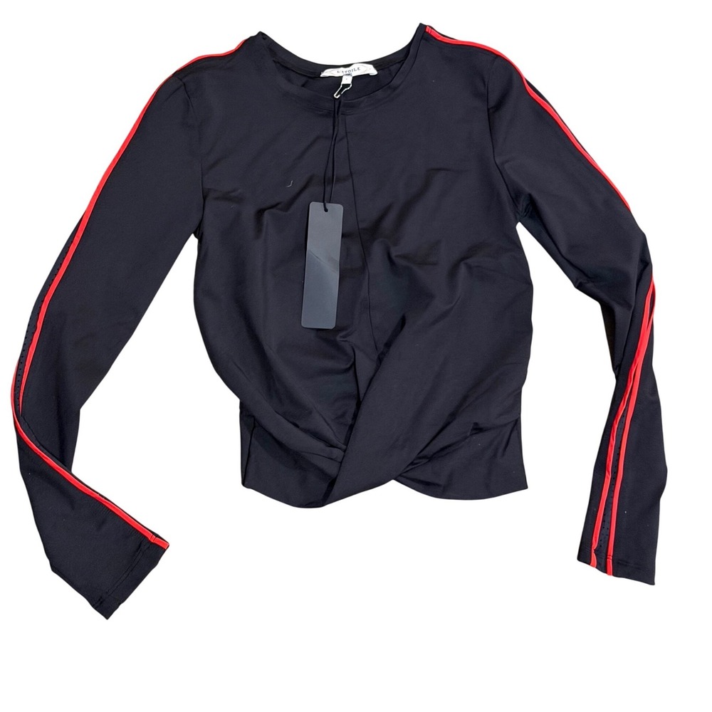L'Etoile Sport Womens Black Red Stripe Twist Front Long Sleeve Tennis Top s NWT